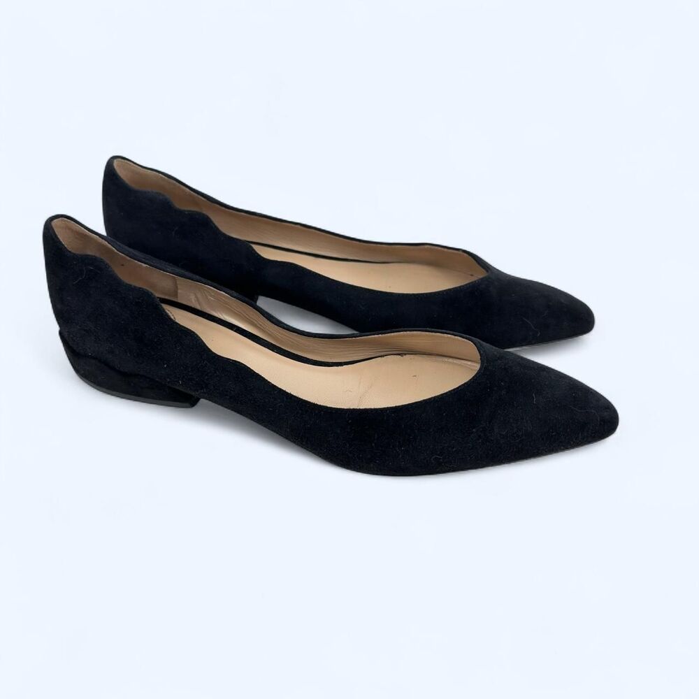 Chloé Laurena Scalloped Pointed Toe Black Suede Ballet Flats Size 10
